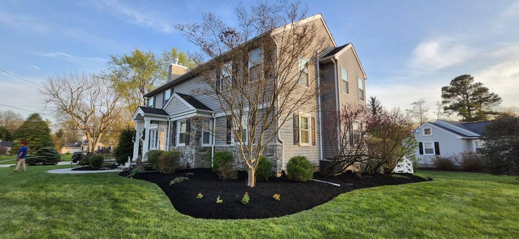 A clean lawn and freshly mulched garden bed after a seasonal property cleanup by Fox Landscaping.