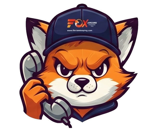 Cartoon fox mascot wearing a Fox Landscaping hat and holding a telephone handset to handle customer service calls.