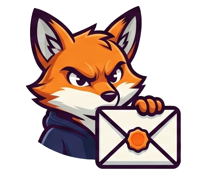 Fox Landscaping cartoon mascot holding a sealed envelope icon to submit online landscaping inquiries.