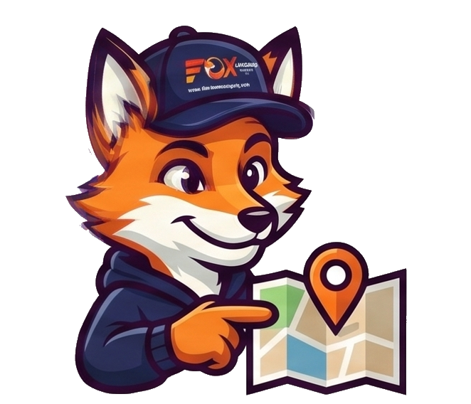 Smiling cartoon fox mascot pointing to a regional map icon representing Fox Landscaping's office service locations.