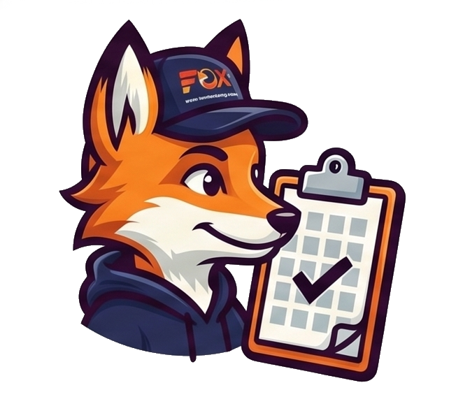 Cartoon fox mascot wearing a company uniform and holding a clipboard checklist for booking landscape service estimates.